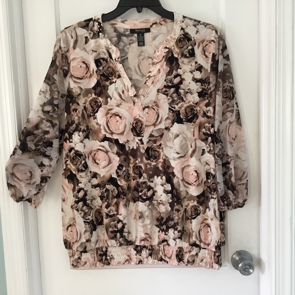 Style & Co. Tops - Style & Company brown and pink floral top, sheer sleeves, size 2X, Like New